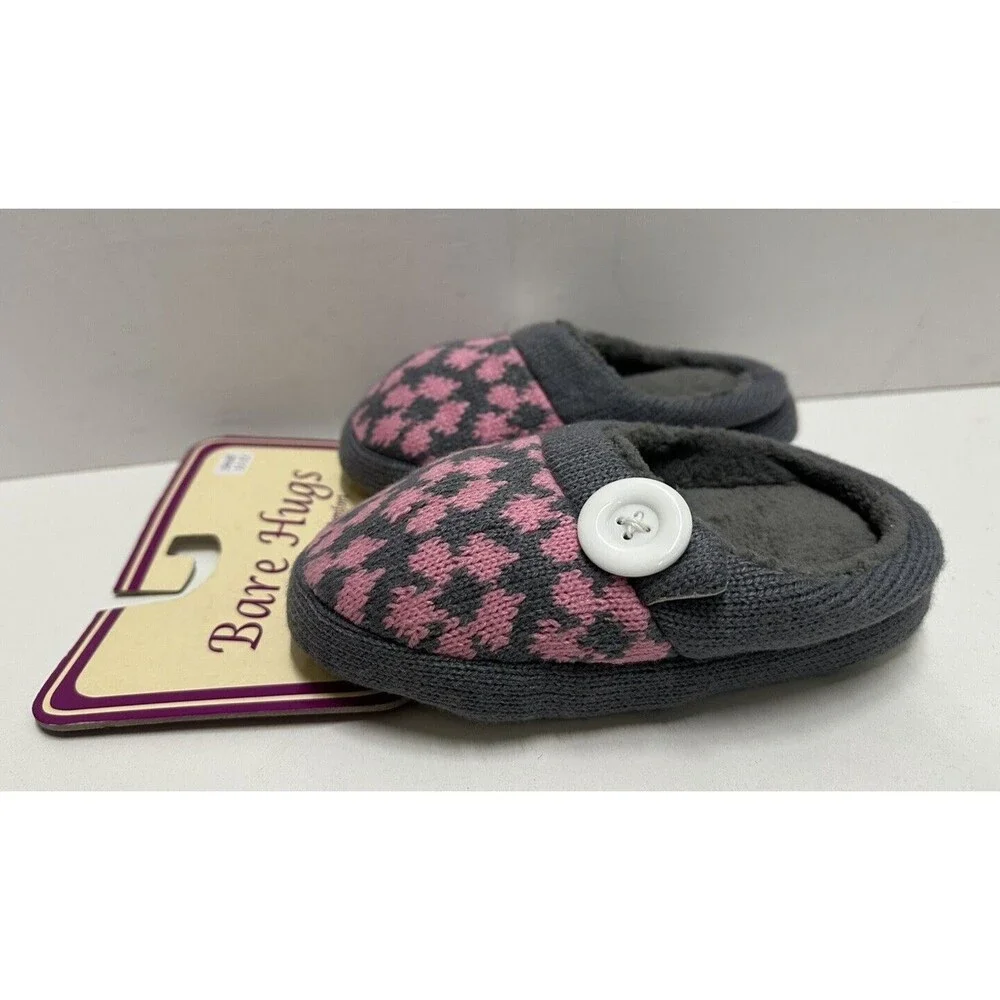 Bare Hugs Girl size small 11-12 slip on Gray and pink textile slippers
